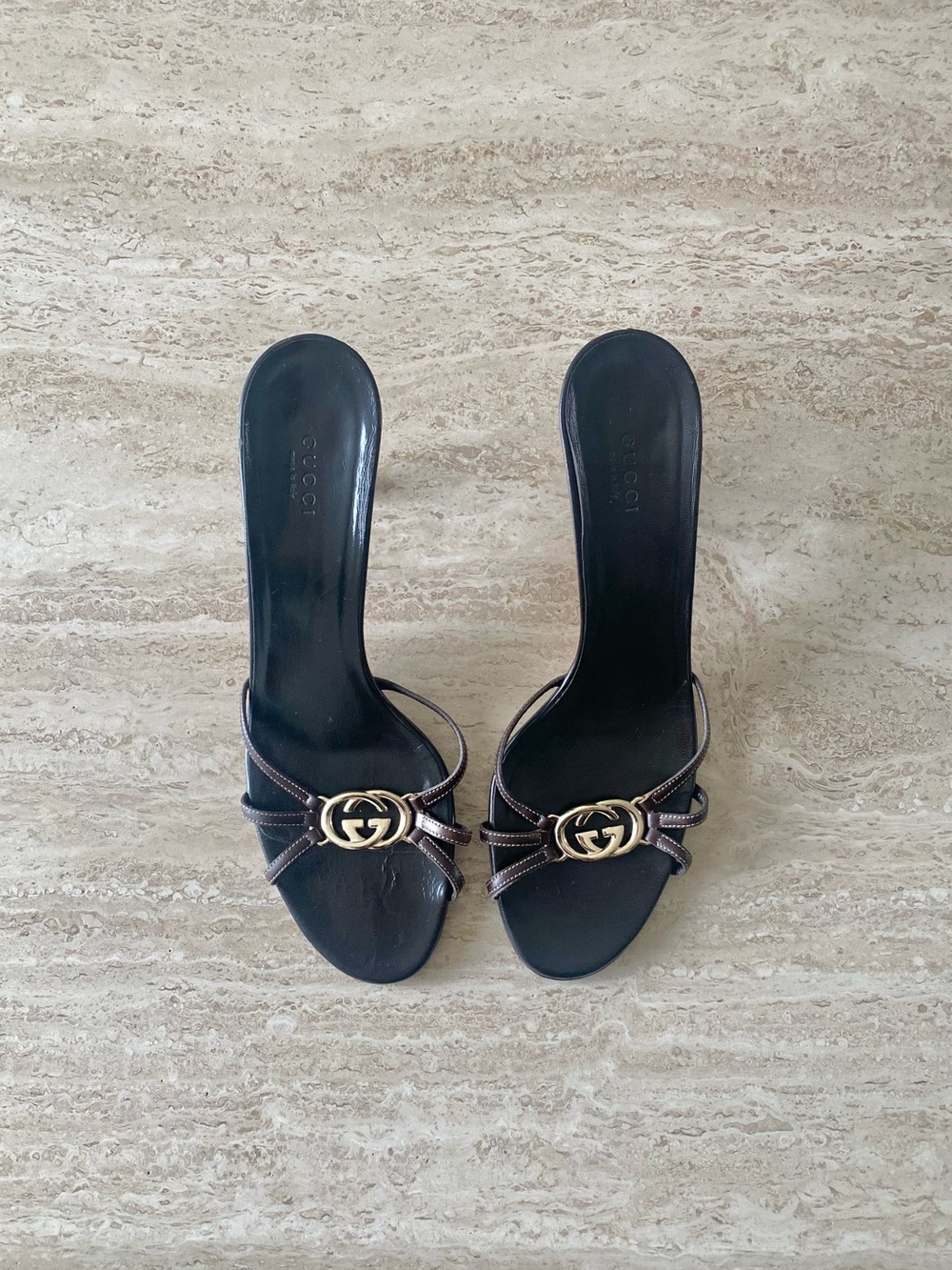 Vintage Gucci Gold GG Strap Sandal Heels